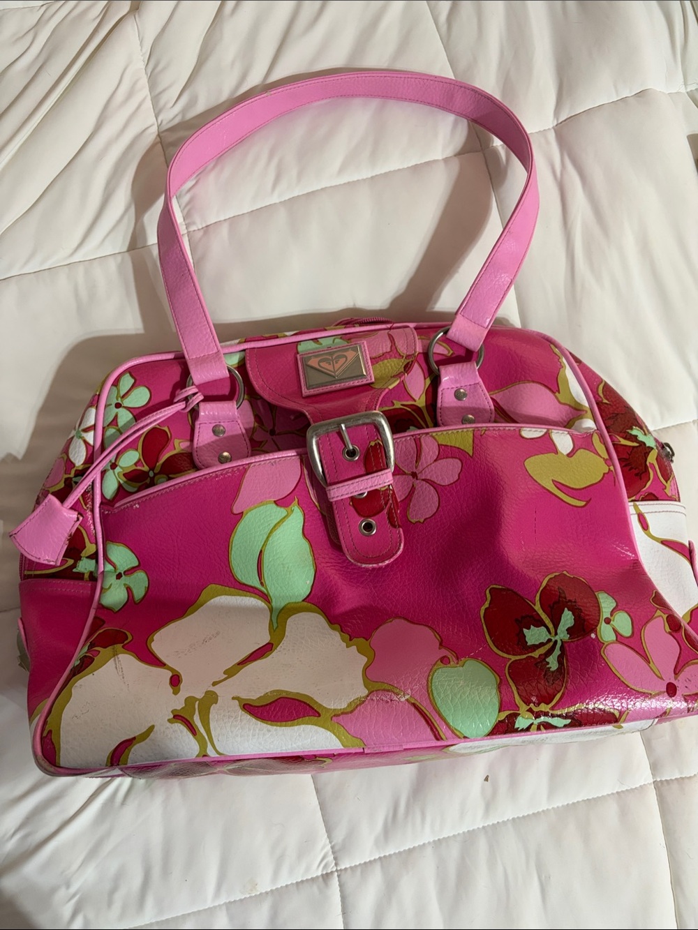 Vintage Y2K Roxy Pink Floral Travel Tote with Buckle Detail